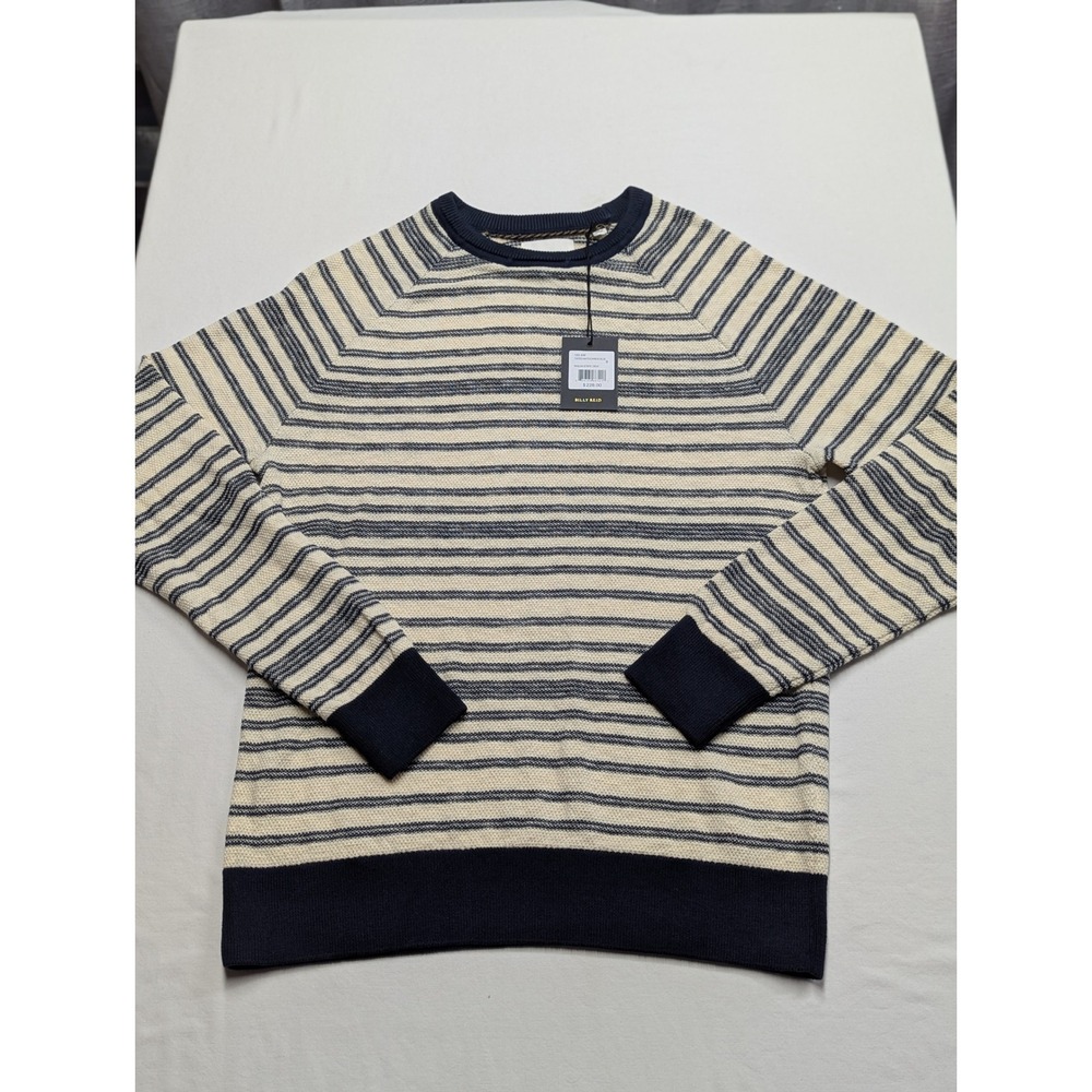 Billy Reid Mens Raglan Stripe Crew Sweater Tinted White Carbon Blue Small NWT